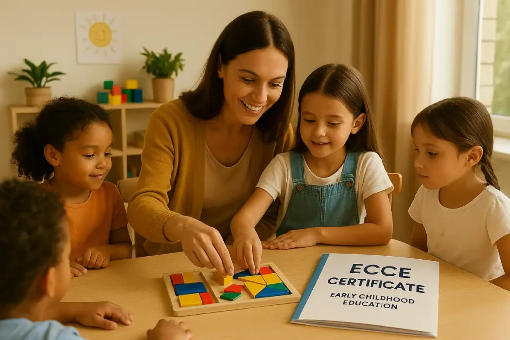 A teacher using educational blocks with young children after completing their Early Childhood Care and Education (ECCE) Online CPD Course