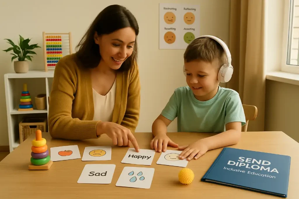 An educator working with a student on emotion cards, demonstrating skills learned in the SEND Inclusive Education Online CPD Course.