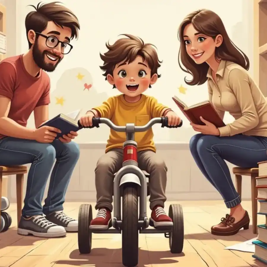 A child riding a tricycle between two adults reading books, symbolizing the Tricycle Model's balanced learning and holistic teaching frameworks.