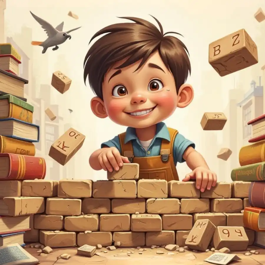 A smiling child building a brick wall with lettered blocks, symbolizing the Wall of Knowledge framework and cumulative understanding.